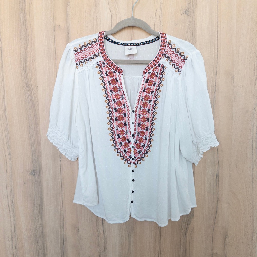 Knox Rose Womens Embroidered Blouse XL White Button Front Boho Peasant Cottage